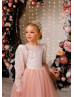 Dusty Rose Glitter Lace Tulle Buttons Back Flower Girl Dress